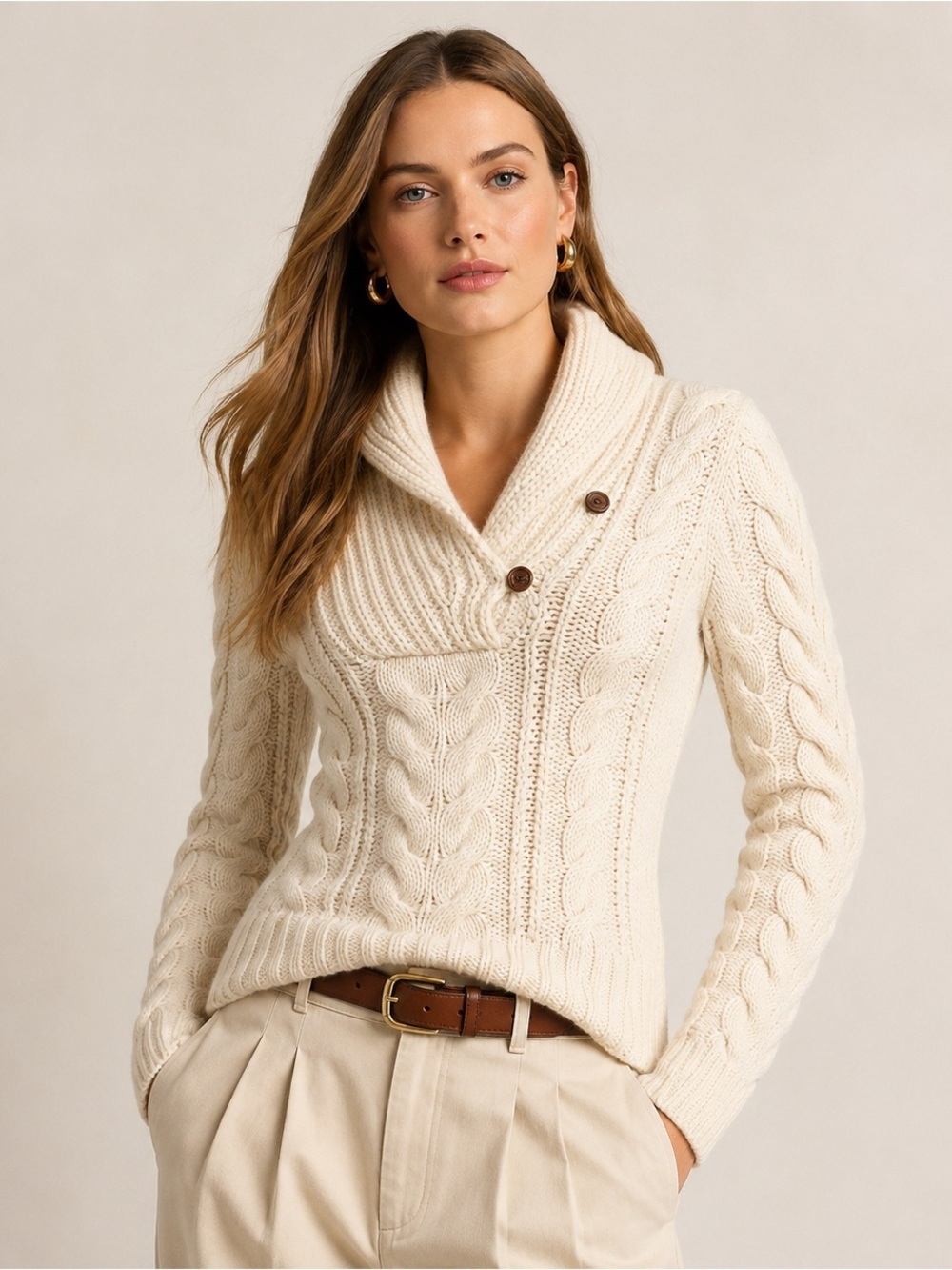 Ralph Lauren Rugby Women’s Shawl Collar Sweater Ivory Wool Alpaca Cable Knit S
